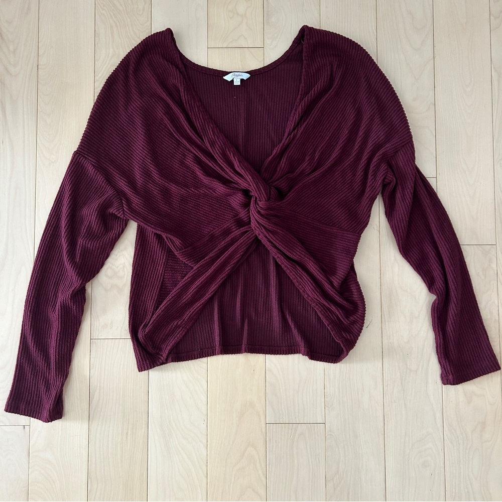 Candie’s Maroon Front Knot Long Sleeve Ribbed Shirt
